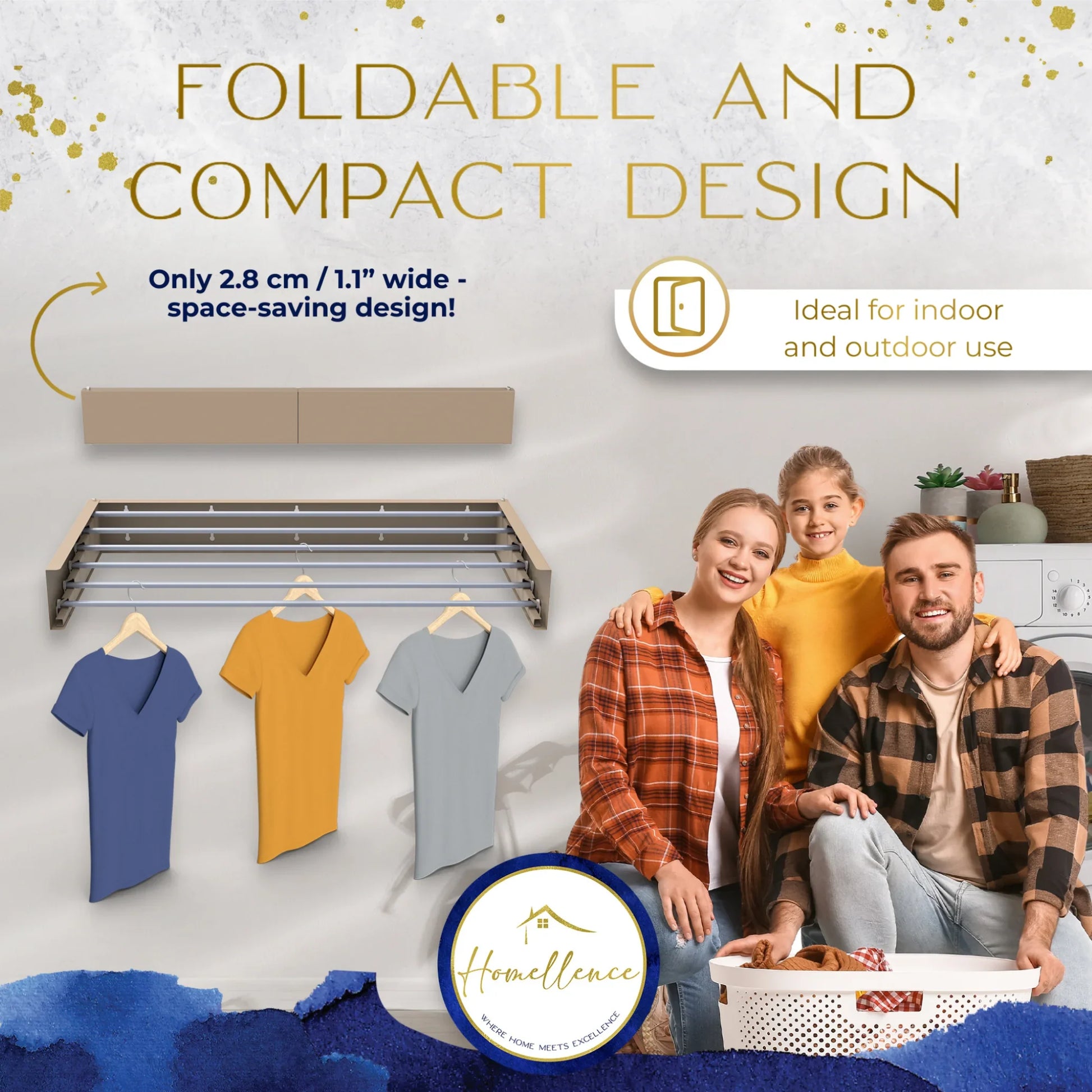 Homellence Wall-Mounted Clothes Drying Rack 100cm Cappuccino - High-capacity 6-rod retractable drying rack with 30kg limit and ultra-slim 2.8cm space-saving profile.