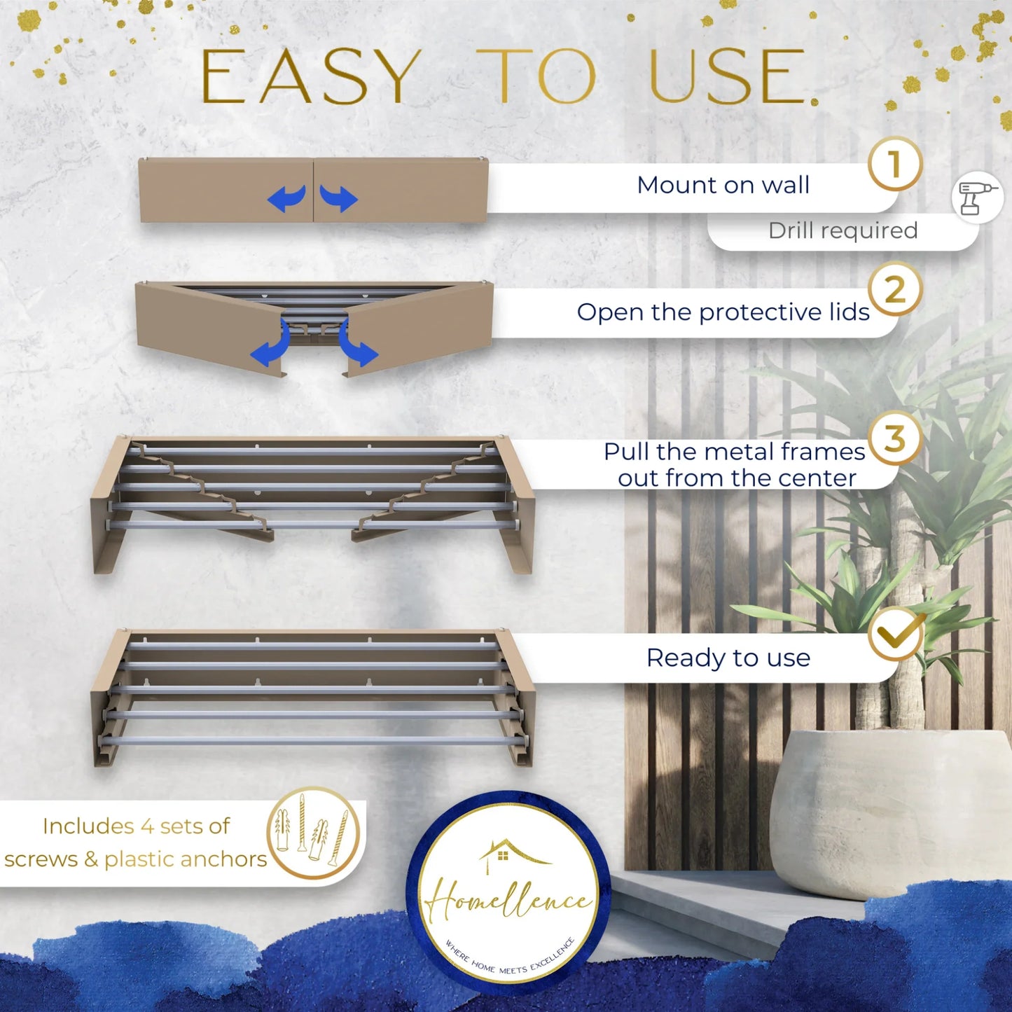 Homellence Wall-Mounted Clothes Drying Rack 70cm Cappuccino - 4-step tutorial showing simple wall mounting and deployment of our 5-rod, 25kg capacity airer.