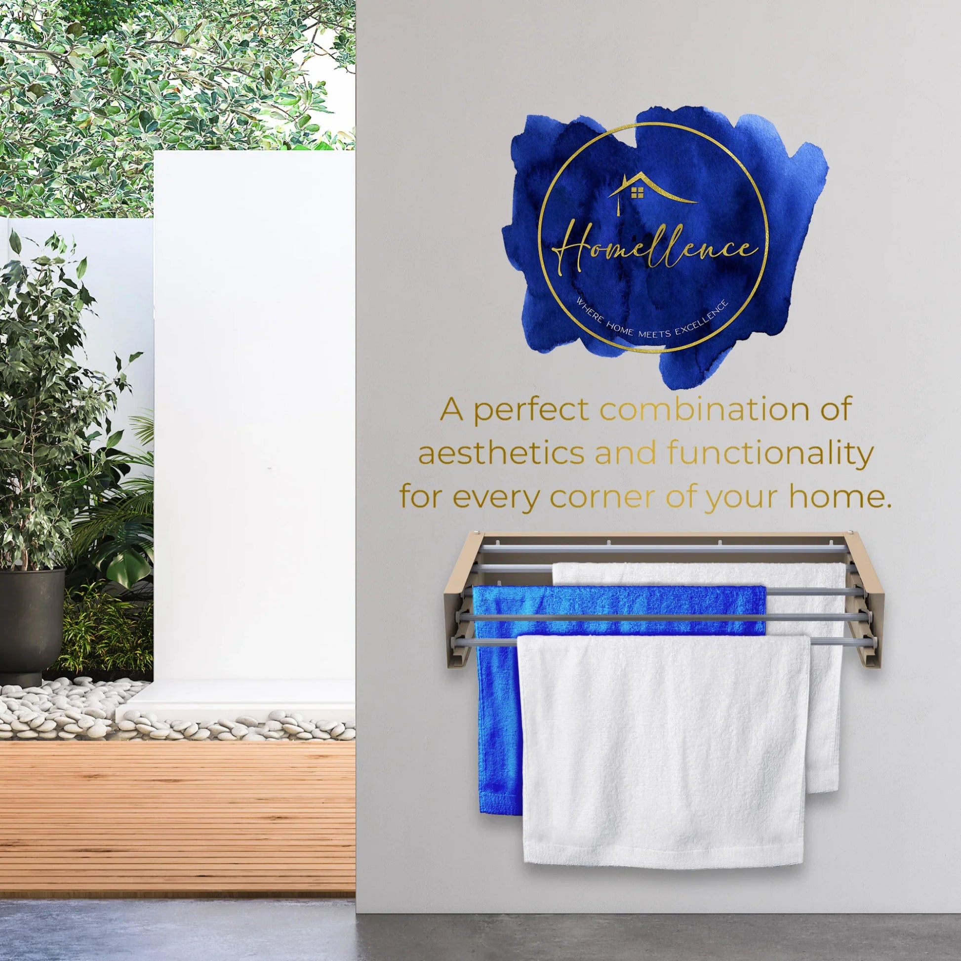 Homellence Wall-Mounted Clothes Drying Rack 70cm Cappuccino - Elegant 5-rod space-saving airer with 25kg capacity and 2.8cm slim profile for high-end aesthetics.