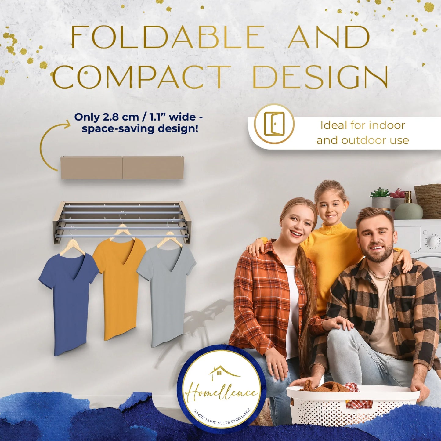 Homellence Wall-Mounted Clothes Drying Rack 70cm Cappuccino - Elegant compact airer with 5 rods and 25kg capacity, featuring a slim 2.8cm wide foldable design.