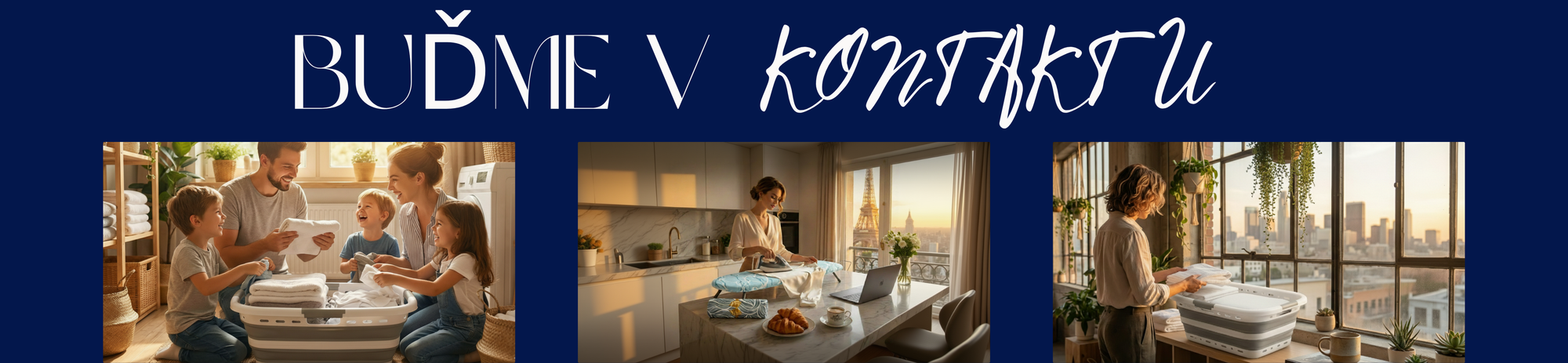 Zápatí webu s nápisem 'BUĎME V KONTAKTU' a koláží moderních domácích prací, zdůrazňující radost z rodinného života a elegantní organizaci domácnosti.