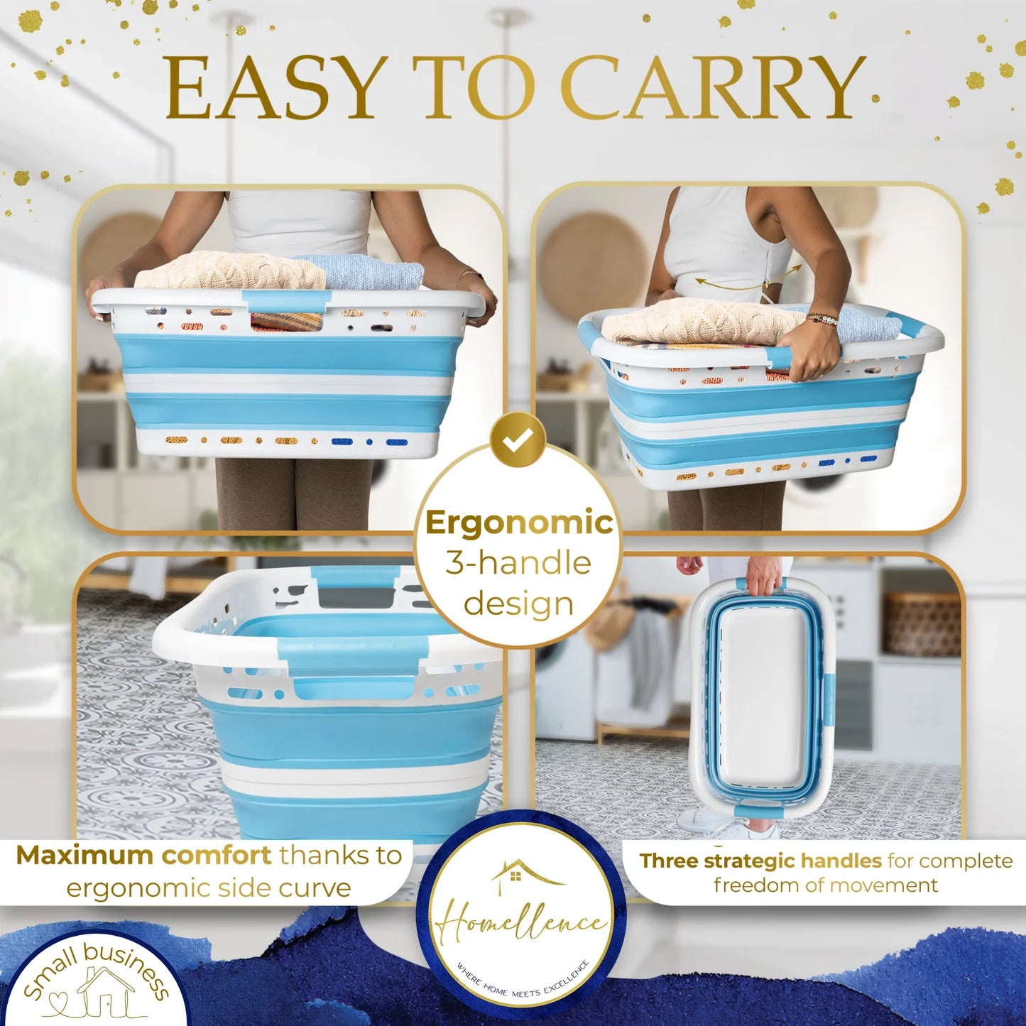 Homellence Blue Collapsible Laundry Basket Carrying Infographic - Highlighting ergonomic 3-handle design, strategic side curve for comfort, and full freedom of movement.