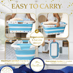 Homellence Blue Collapsible Laundry Basket Carrying Infographic - Highlighting ergonomic 3-handle design, strategic side curve for comfort, and full freedom of movement.