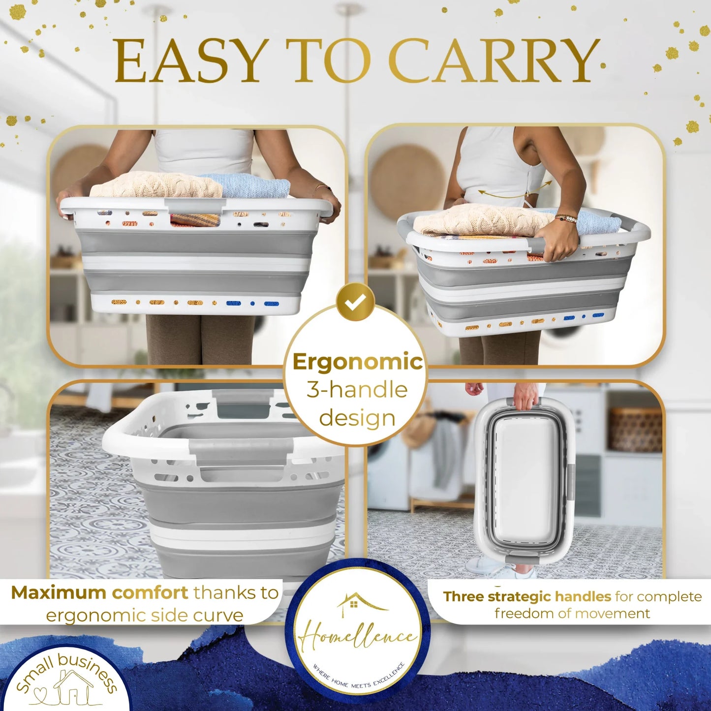 Homellence Grey Collapsible Laundry Basket Carrying Infographic - Highlighting ergonomic 3-handle design, strategic side curve for comfort, and full freedom of movement.