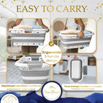 Homellence Grey Collapsible Laundry Basket Carrying Infographic - Highlighting ergonomic 3-handle design, strategic side curve for comfort, and full freedom of movement.