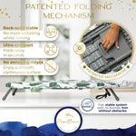 Homellence Tabletop Ironing Board Infographic - Patented folding mechanism, ultra-compact design, and rock-solid stable system for wobble-free ironing.