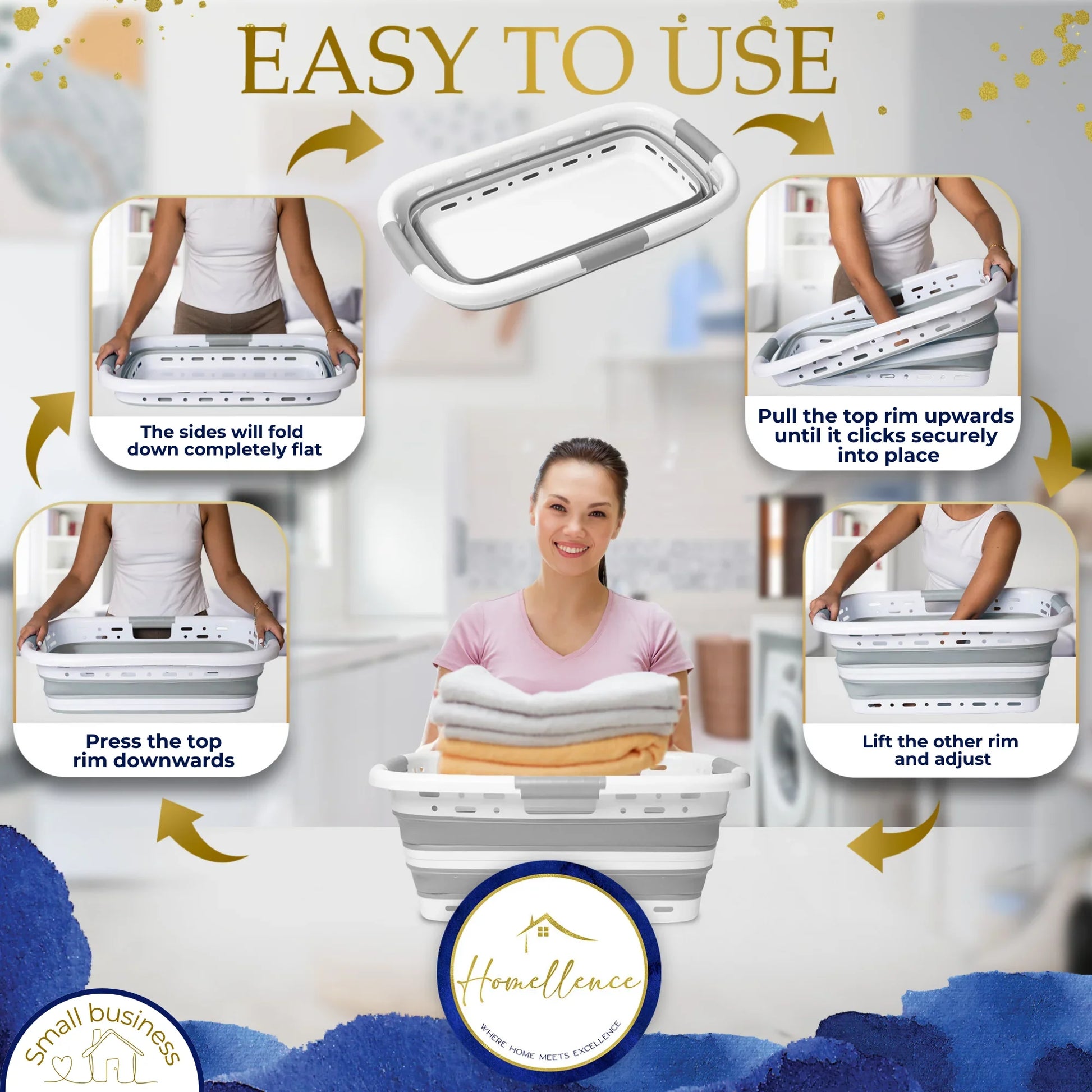 Homellence Grey Collapsible Laundry Basket Tutorial Infographic - 4-step guide showing how to fold flat, pull up to lock, and adjust for immediate professional-grade laundry care.