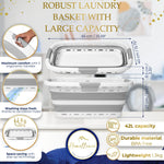 Homellence Grey Collapsible Laundry Basket Infographic - 42L large capacity, 8.5cm slim folded profile, 3 ergonomic handles, and ventilated design for fresh washing.