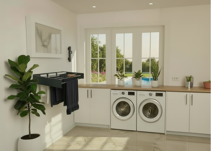 High-end modern laundry room interior featuring the Homellence wall-mounted drying rack in anthracite, seamlessly integrated with premium wooden cabinetry and sleek appliances to maximize urban living space.