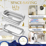 Homellence Grey Collapsible Laundry Basket Storage Infographic - Demonstrating space-saving pop-up technology to transform laundry spaces with easy-store capabilities in small gaps.