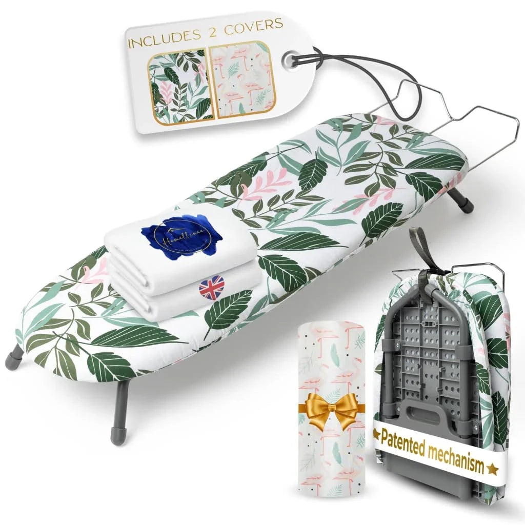 Homellence Folding Tabletop Ironing Board Set Green Floral - Patented folding mechanism with two premium heat-resistant cotton covers