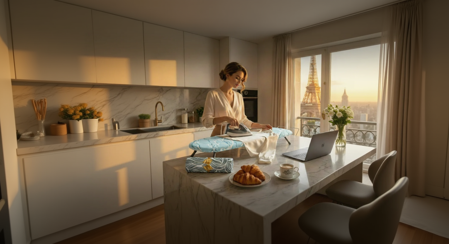 Wide shot of a woman using a Homellence tabletop ironing board with a blue marble cover on a kitchen island, featuring a view of the Eiffel Tower, a laptop, and croissants in an elegant, sunlit apartment.
