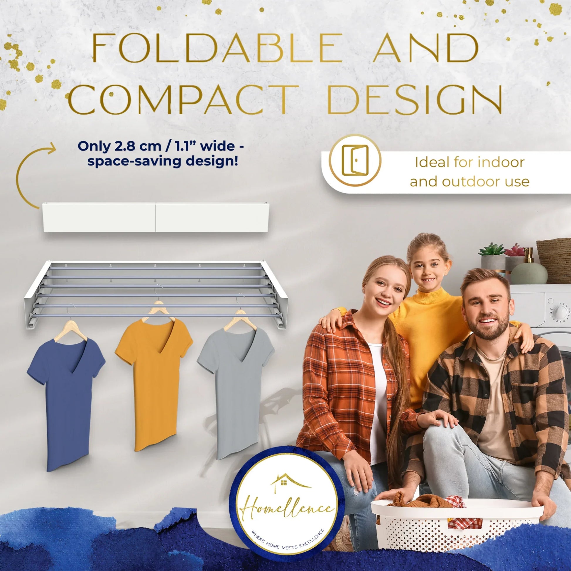 Homellence Wall-Mounted Clothes Drying Rack 100cm White - Foldable compact laundry airer featuring 6 aluminum rods, 30kg capacity, and a slim 2.8cm profile.
