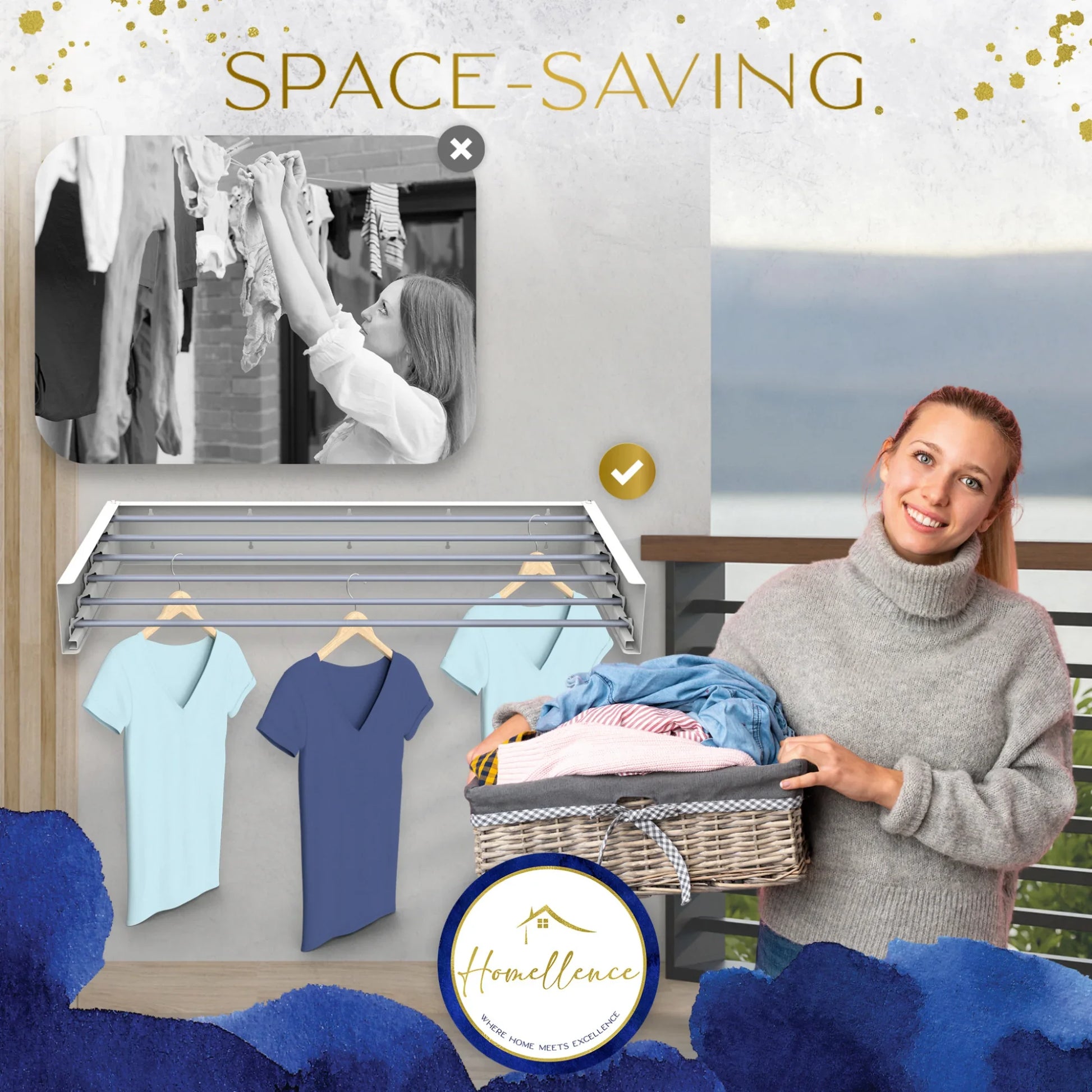 Homellence Wall-Mounted Clothes Drying Rack 100cm White - Heavy-duty retractable airer with 6 aluminum rods and 30kg capacity for large family laundry loads.