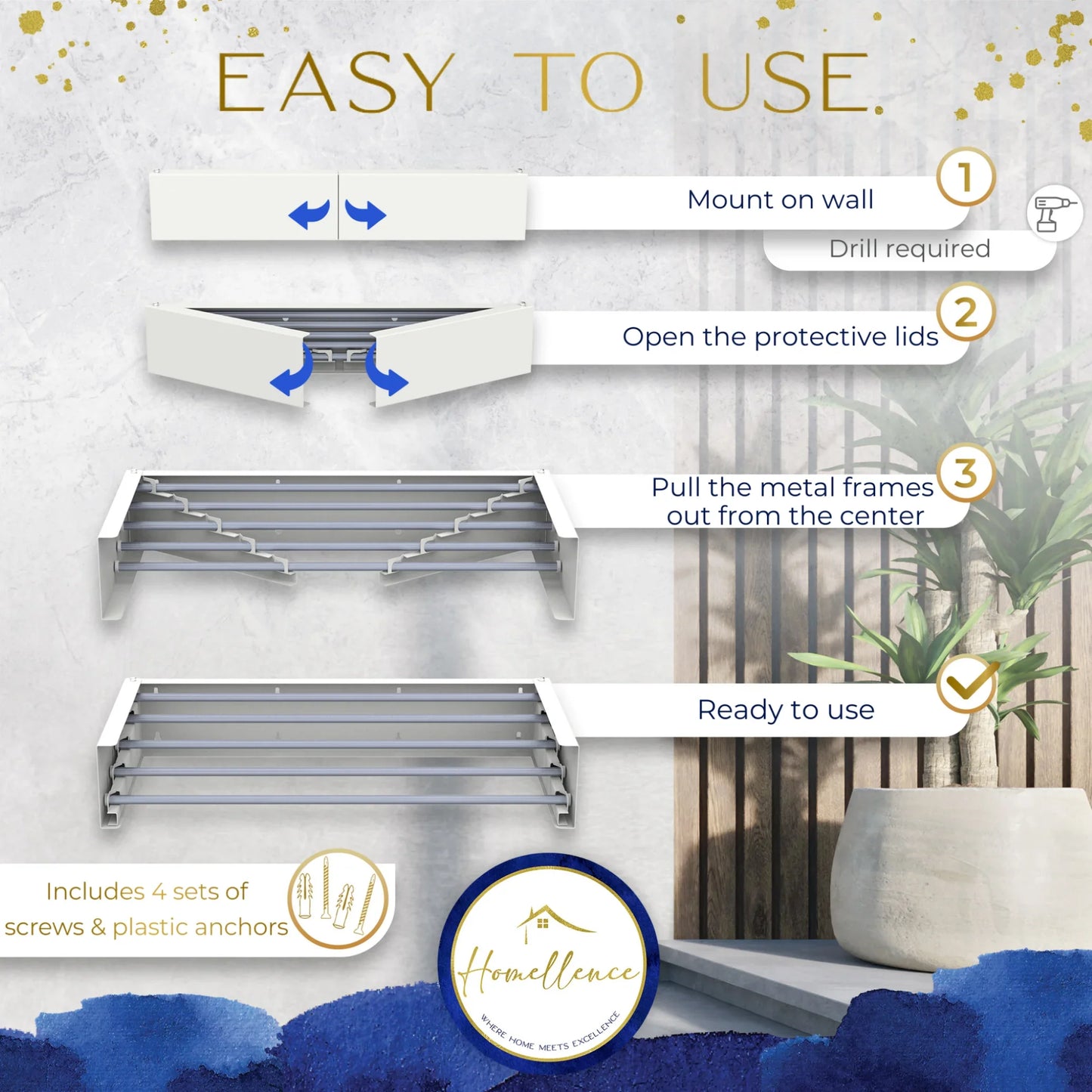 Homellence Wall-Mounted Clothes Drying Rack 70cm White - 4-step installation guide: mount to wall, open lids, and pull out 5 rods for 25kg capacity.