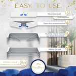 Homellence Wall-Mounted Clothes Drying Rack 70cm White - 4-step installation guide: mount to wall, open lids, and pull out 5 rods for 25kg capacity.