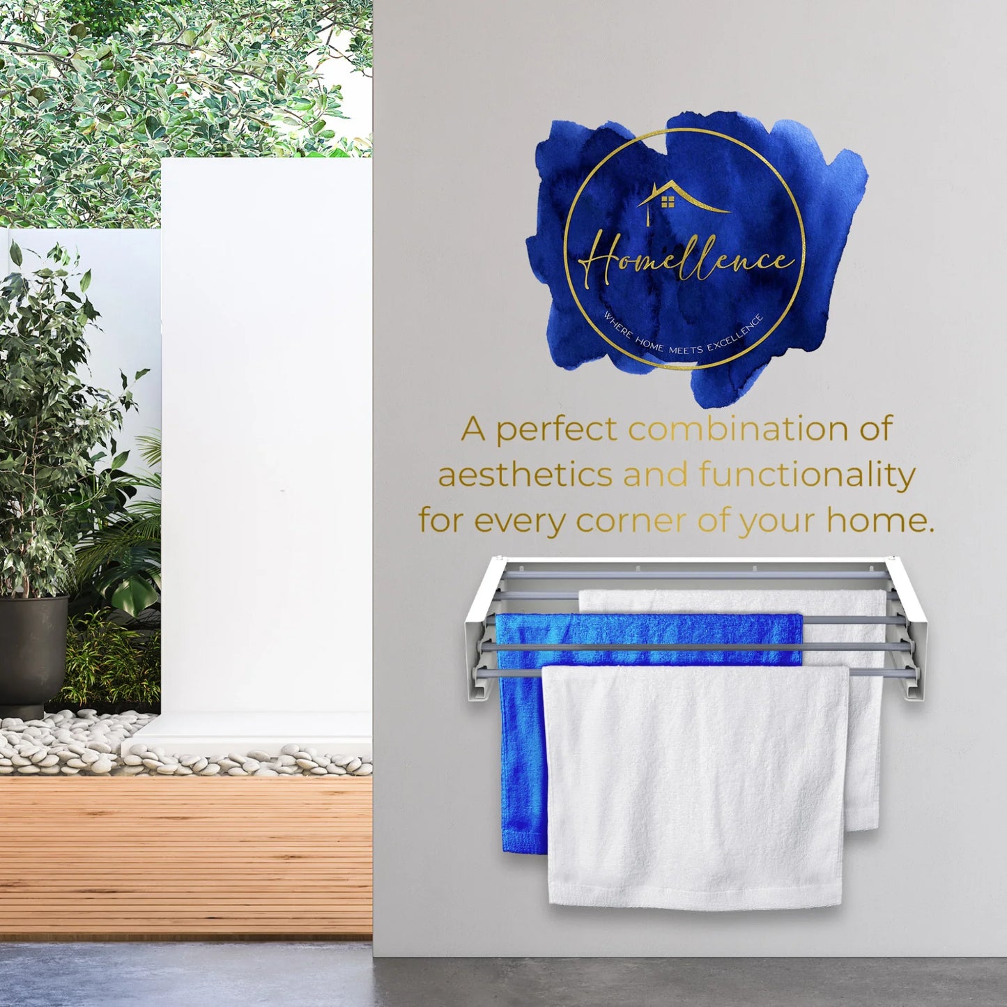 Homellence Wall-Mounted Clothes Drying Rack 70cm White - Space-saving 5-rod airer with 25kg capacity and 2.8cm slim profile for elegant home functionality.