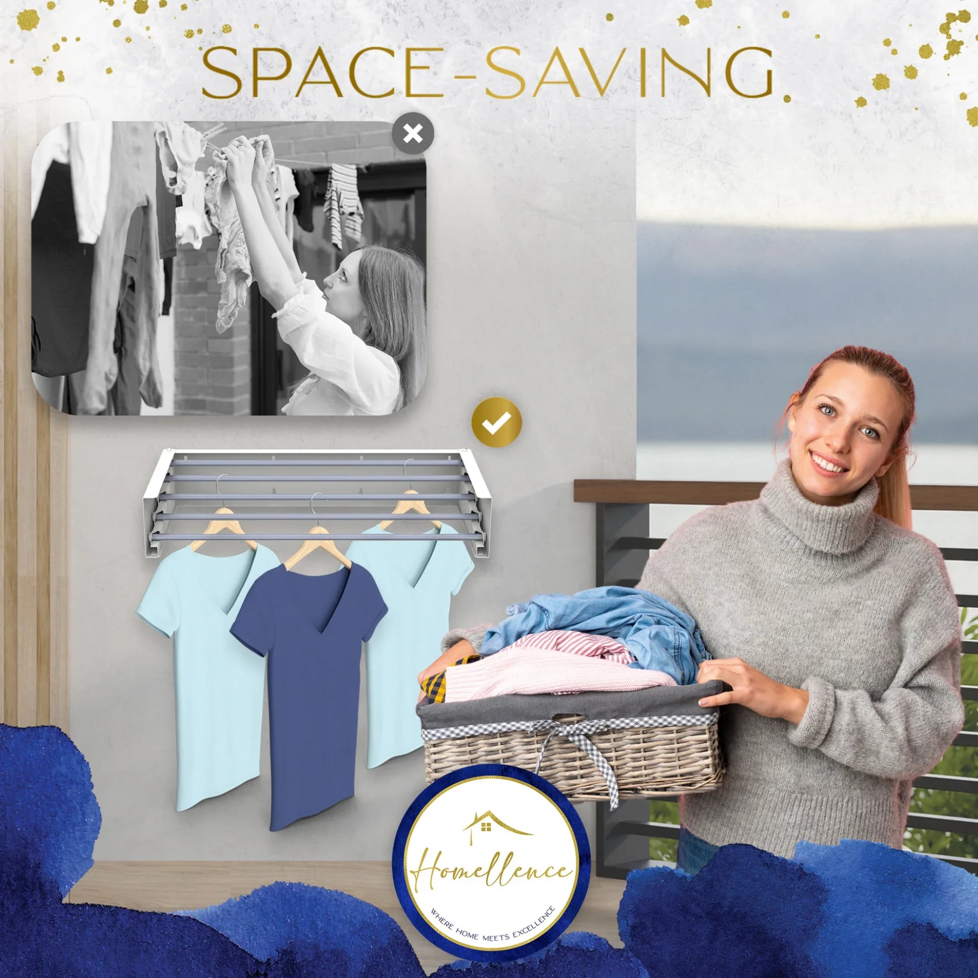 Homellence Wall-Mounted Clothes Drying Rack 70cm White - Space-saving retractable airer with 5 aluminum rods and 25kg capacity for balconies and laundry rooms.