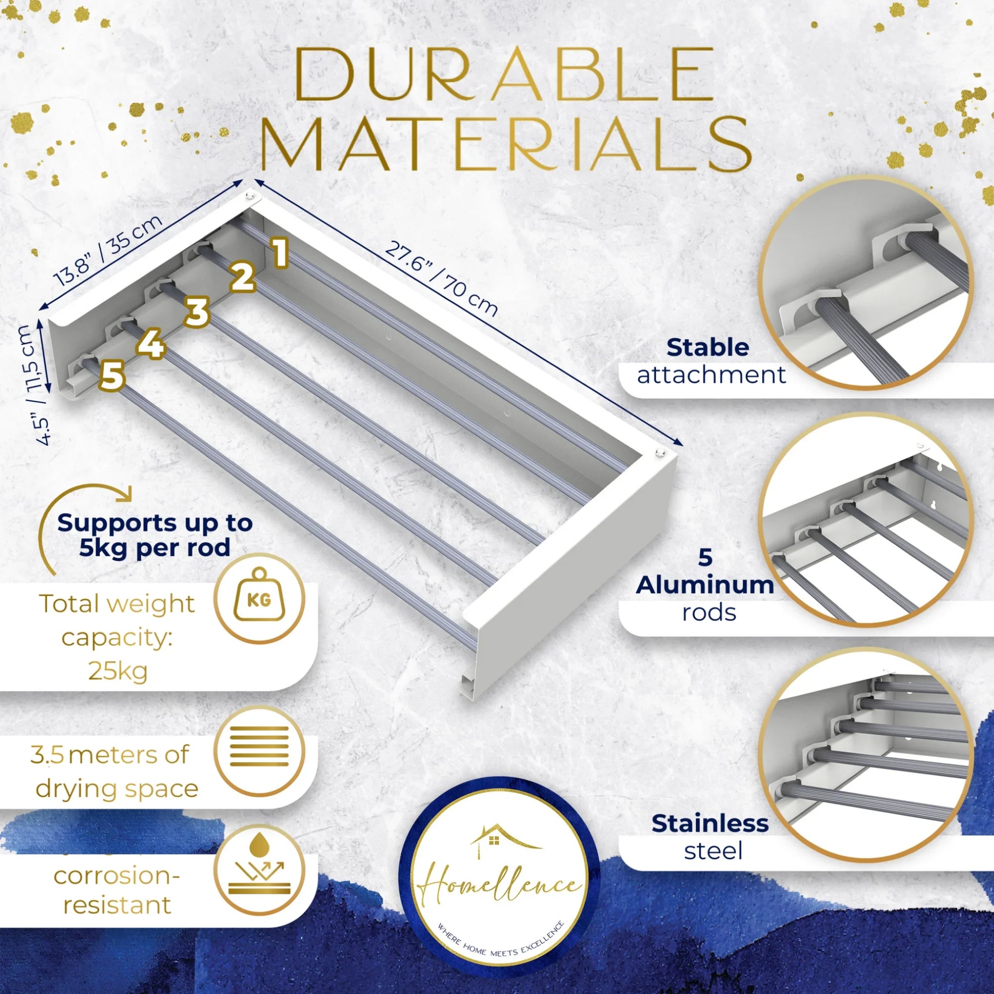 Homellence Wall-Mounted Clothes Drying Rack 70cm White - Space-saving retractable airer with 5 aluminum rods and 25kg capacity.