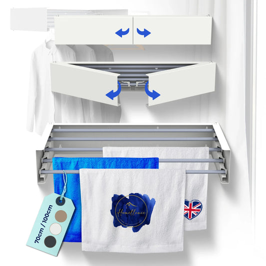 Homellence Wall-Mounted Clothes Drying Rack 70cm White - Compact retractable laundry airer with 25kg weight capacity.