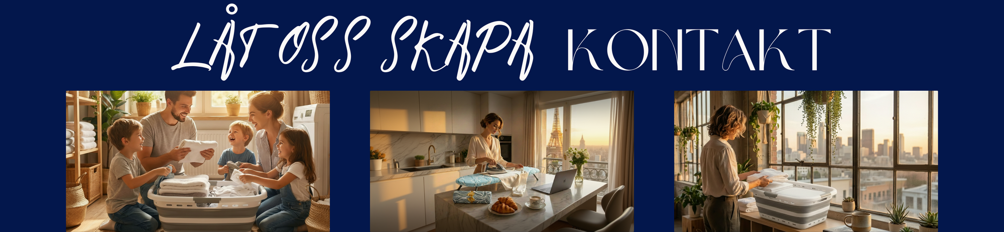 Footer-banner 'LÅT OSS SKAPA KONTAKT' som visar minimalistisk skandinavisk design och smarta lösningar för hemmet.
