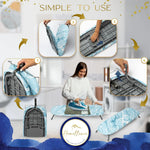 Homellence Tabletop Ironing Board Tutorial Infographic - 4-step guide showing how to unfold, lock the patented mechanism, and set up the professional-grade board for use.