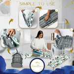 Homellence Tabletop Ironing Board Tutorial Infographic - 4-step guide showing how to unfold, lock the patented mechanism, and set up the professional-grade board for use.