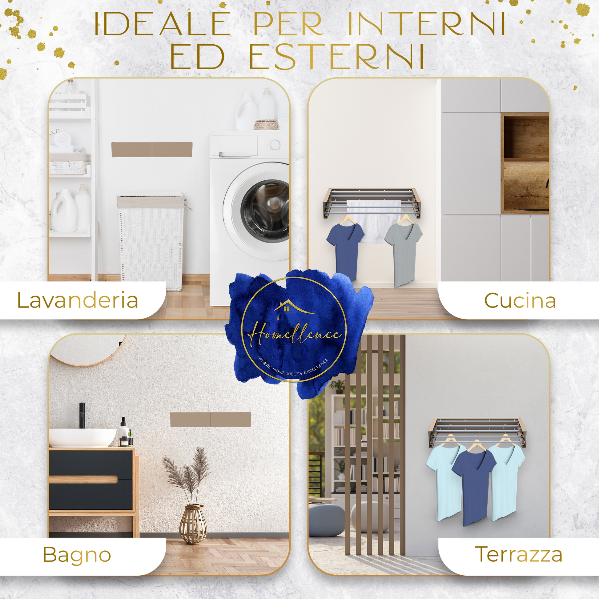 Versatilità dello stendibiancheria da 70cm color cappuccino installato in bagno, lavanderia, cucina e terrazza.