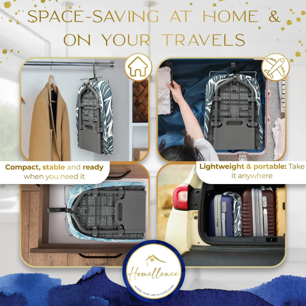 Homellence Tabletop Ironing Board Travel Infographic - Portable design shown stored in a closet, suitcase, drawer, and car trunk for travel and small space living.