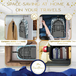 Homellence Tabletop Ironing Board Travel Infographic - Portable design shown stored in a closet, suitcase, drawer, and car trunk for travel and small space living.