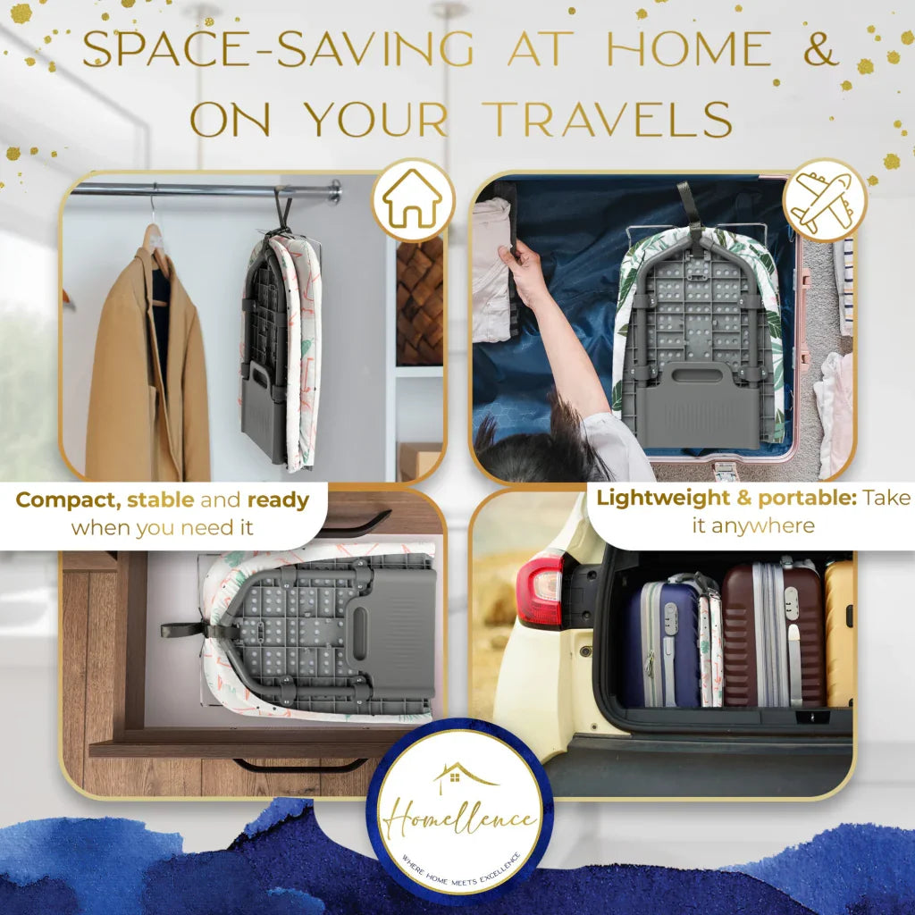 Homellence Tabletop Ironing Board Travel Infographic - Portable design shown stored in a closet, suitcase, drawer, and car trunk for travel and small space living.