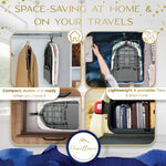 Homellence Tabletop Ironing Board Travel Infographic - Portable design shown stored in a closet, suitcase, drawer, and car trunk for travel and small space living.