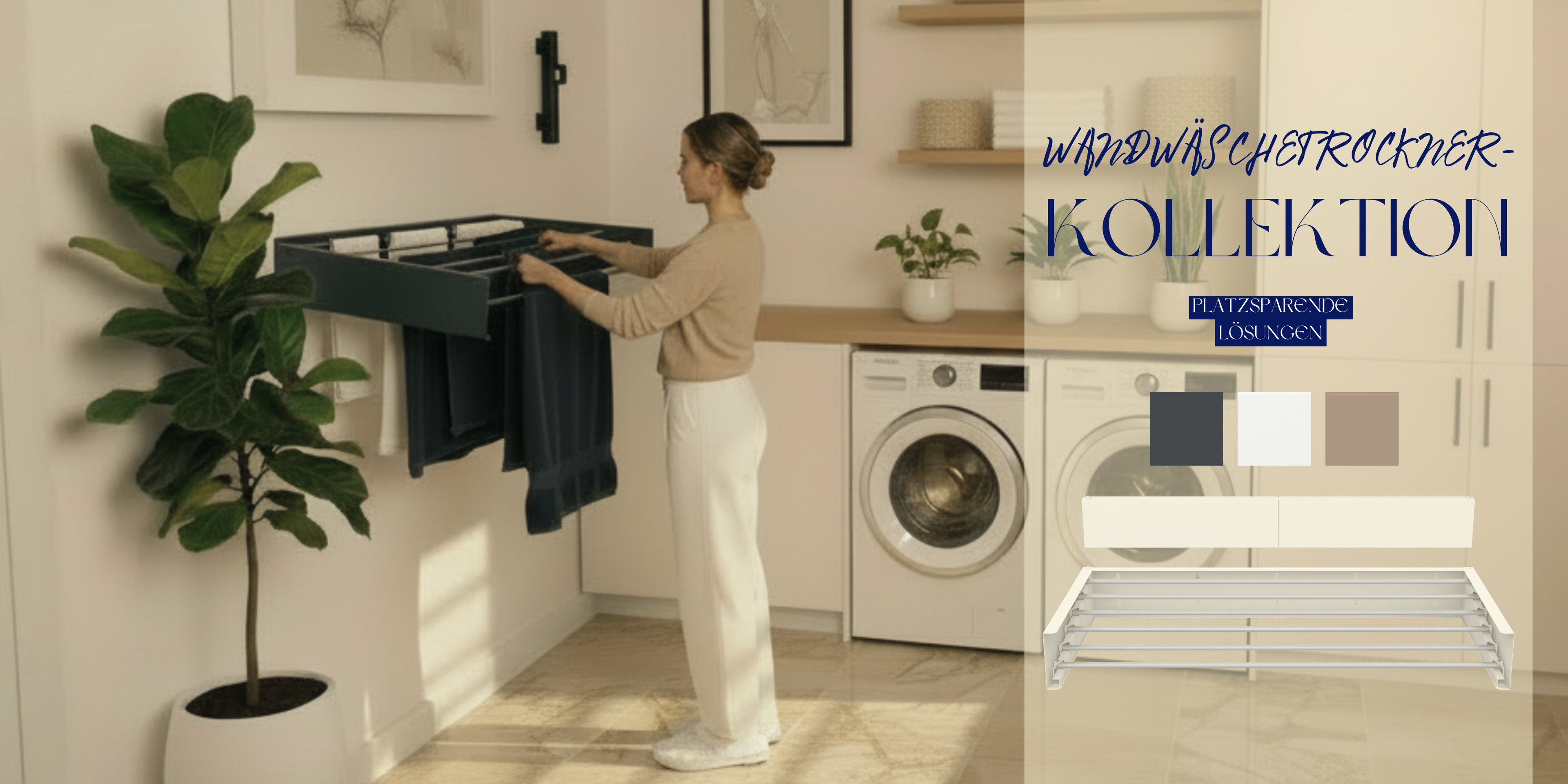 Moderner Wandwäschetrockner von Homellence in einer hellen Waschküche – platzsparender, ausziehbarer Wäscheständer zur Wandmontage für minimalistisches Wohnen.