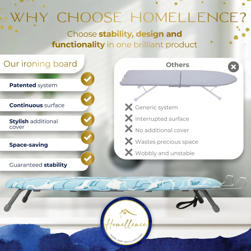 Homellence Tabletop Ironing Board Comparison Chart - Highlighting our patented system, continuous surface, and guaranteed stability versus generic, unstable alternatives.