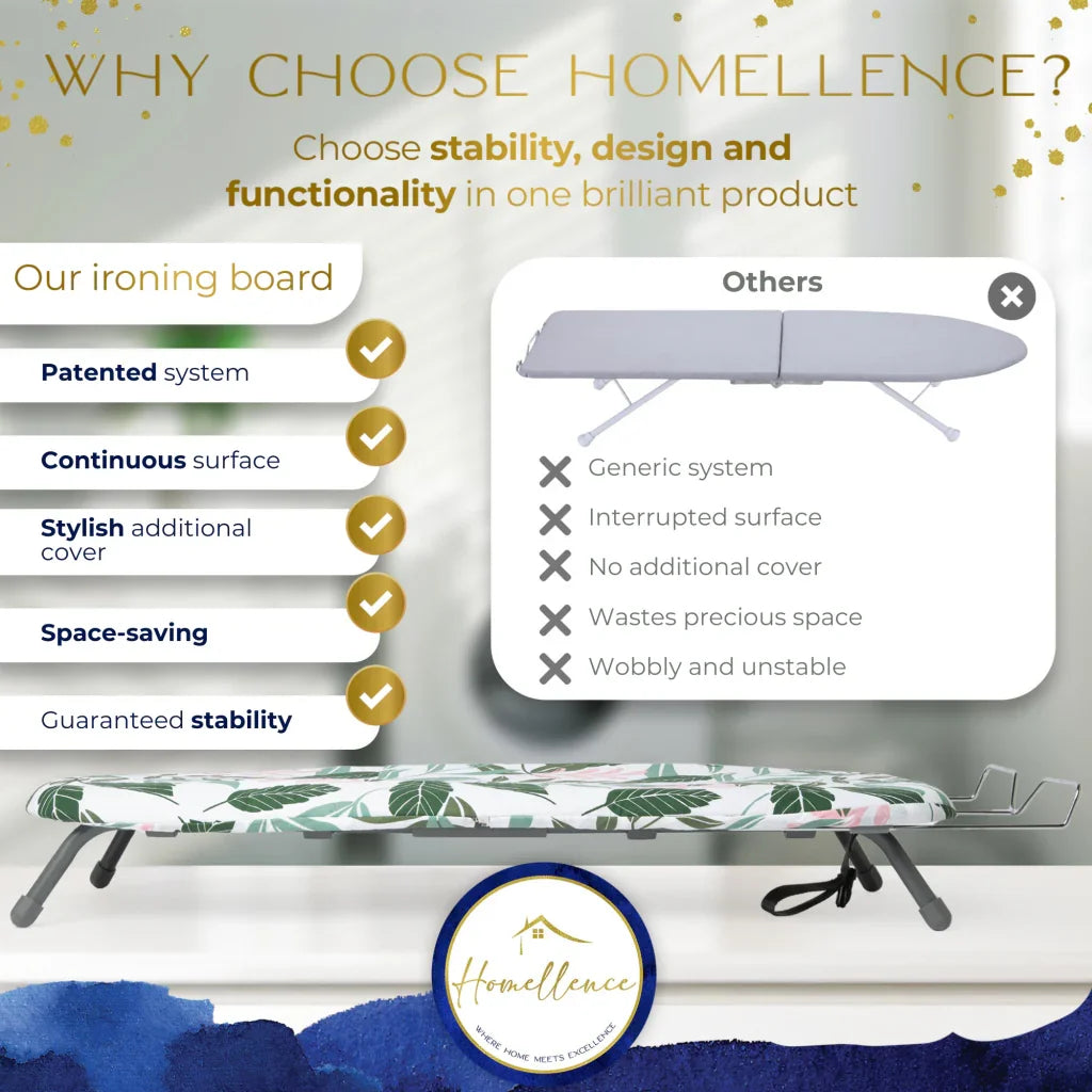 Homellence Tabletop Ironing Board Comparison Chart - Highlighting our patented system, continuous surface, and guaranteed stability versus generic, unstable alternatives.