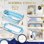 Demostración de ahorro de espacio: la cesta azul Homellence plegada se guarda perfectamente en estantes o junto a la lavadora.