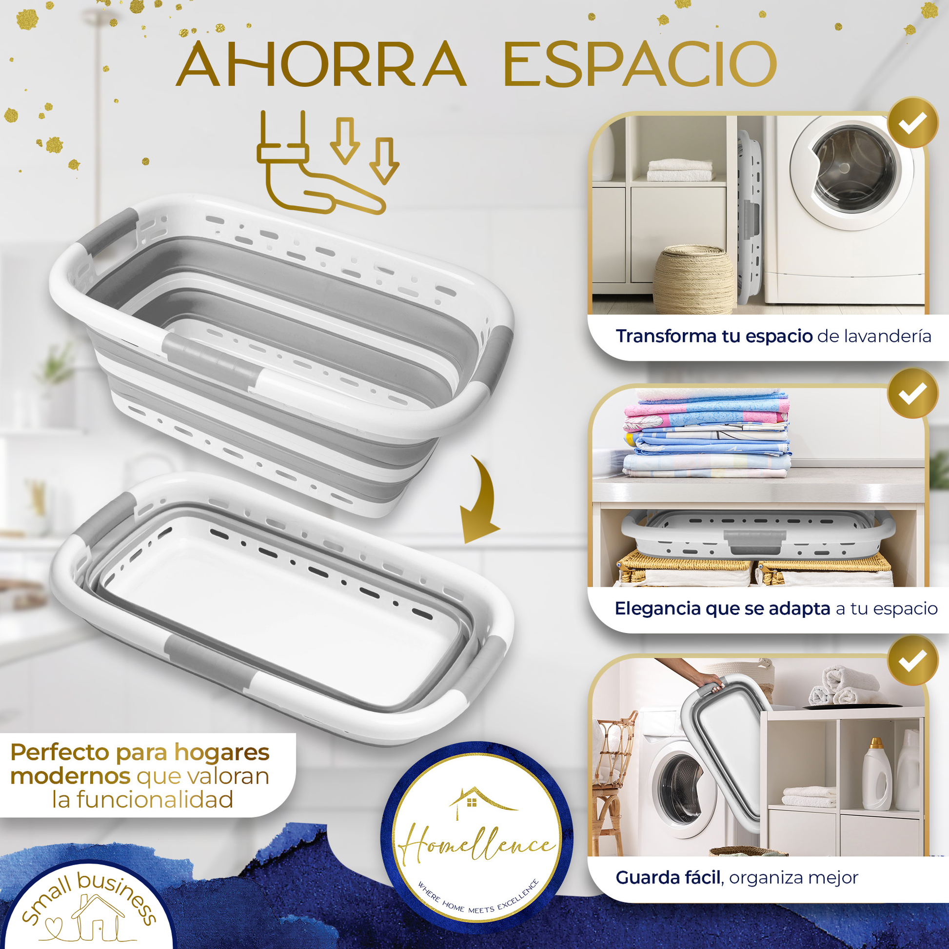 Demostración de ahorro de espacio: la cesta gris Homellence plegada se guarda perfectamente en estantes o junto a la lavadora.