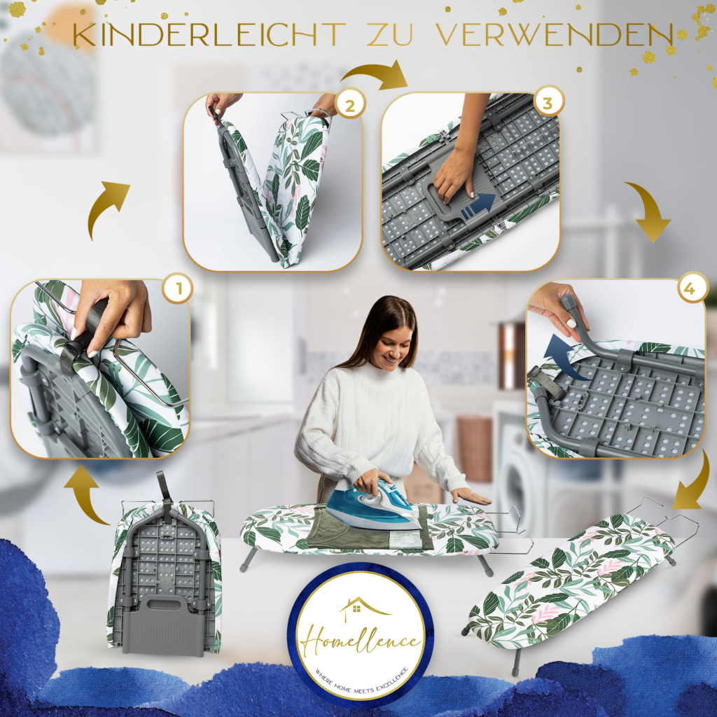 Schritt-für-Schritt-Anleitung für das Homellence Tischbügelbrett: Kinderleichter Aufbau durch stabilen Schnellverschluss und ausziehbare Stützen.