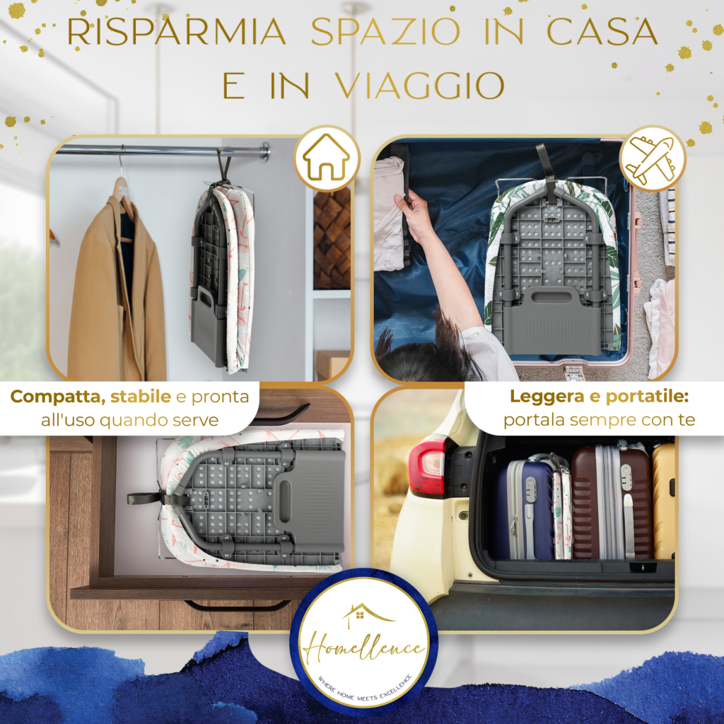 Versatilità per casa e viaggio: l'asse da stiro pieghevole è leggera, portatile e facile da riporre in valigia, nell'armadio o in un cassetto.