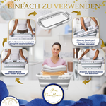 Bebilderte Schritt-für-Schritt-Anleitung zum Aufklappen und Zusammenfalten des grauen Homellence Wäschekorbs.