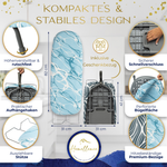 Technische Details zum kompakten Bügelbrett: 82 cm Länge, rutschfeste Füße, praktischer Aufhängehaken und perforierte Bügelfläche für optimale Dampfverteilung.