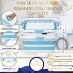 Infographie panier à linge bleu : dimensions 65x40 cm, capacité 42L, trous de ventilation et matériau résistant sans BPA.