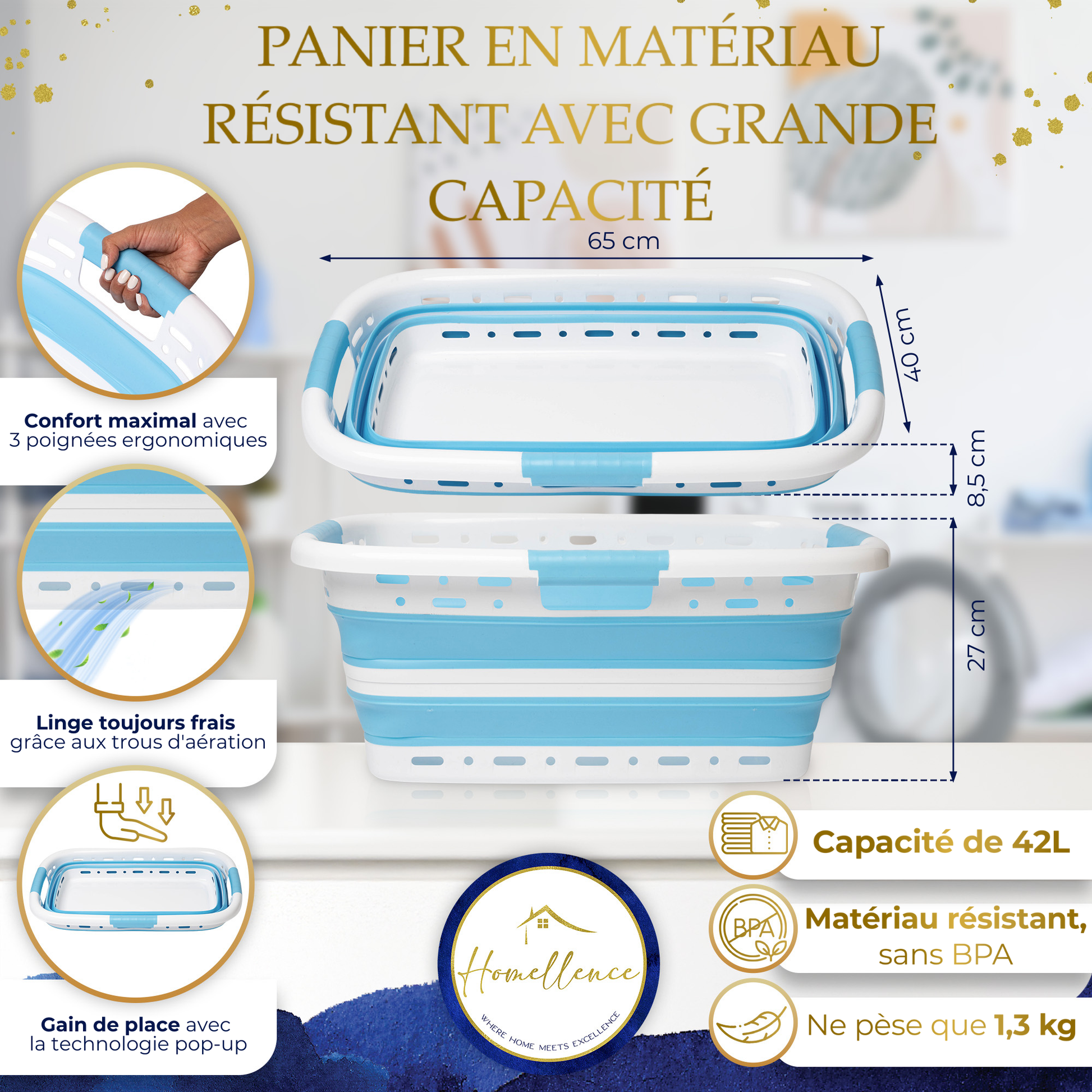Infographie panier à linge bleu : dimensions 65x40 cm, capacité 42L, trous de ventilation et matériau résistant sans BPA.