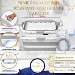 Infographie panier à linge gris : dimensions 65x40 cm, capacité 42L, trous de ventilation et matériau résistant sans BPA.