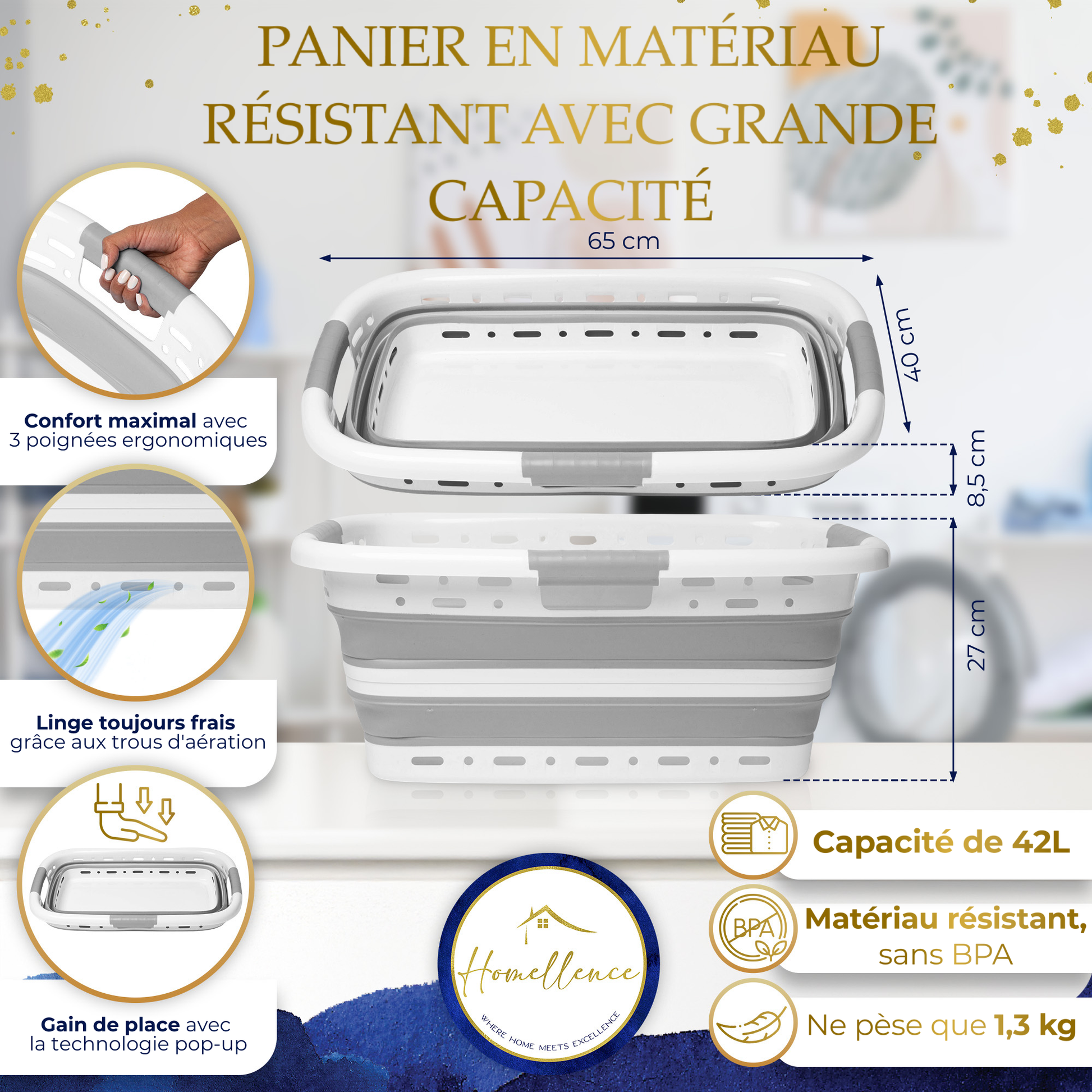 Infographie panier à linge gris : dimensions 65x40 cm, capacité 42L, trous de ventilation et matériau résistant sans BPA.