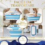 Dettaglio del design ergonomico a 3 maniglie del cesto per biancheria azzurro per un trasporto facile e una presa sicura.