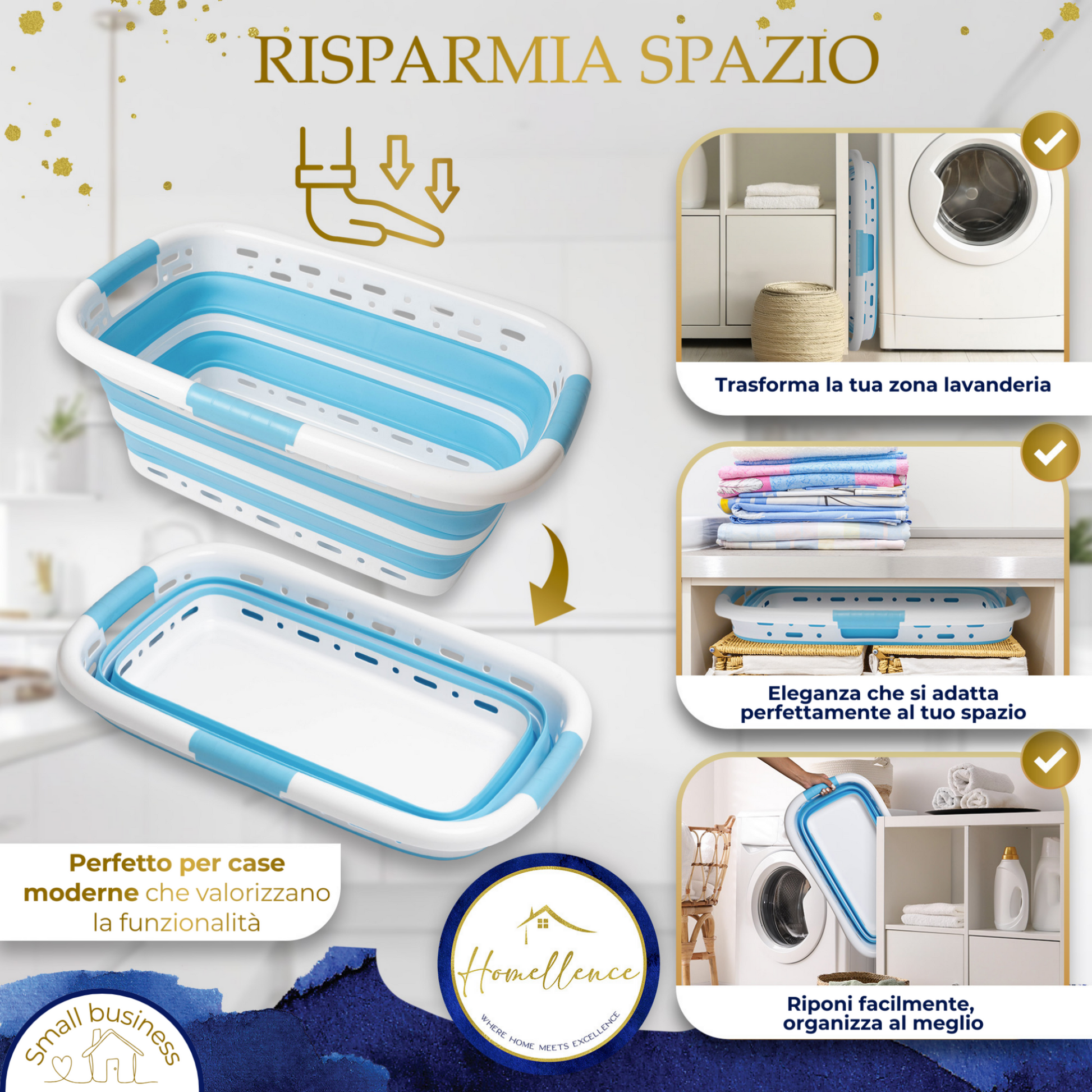 Dimostrazione del risparmio di spazio: il cesto azzurro Homellence piegato si ripone perfettamente in piccoli spazi accanto alla lavatrice.
