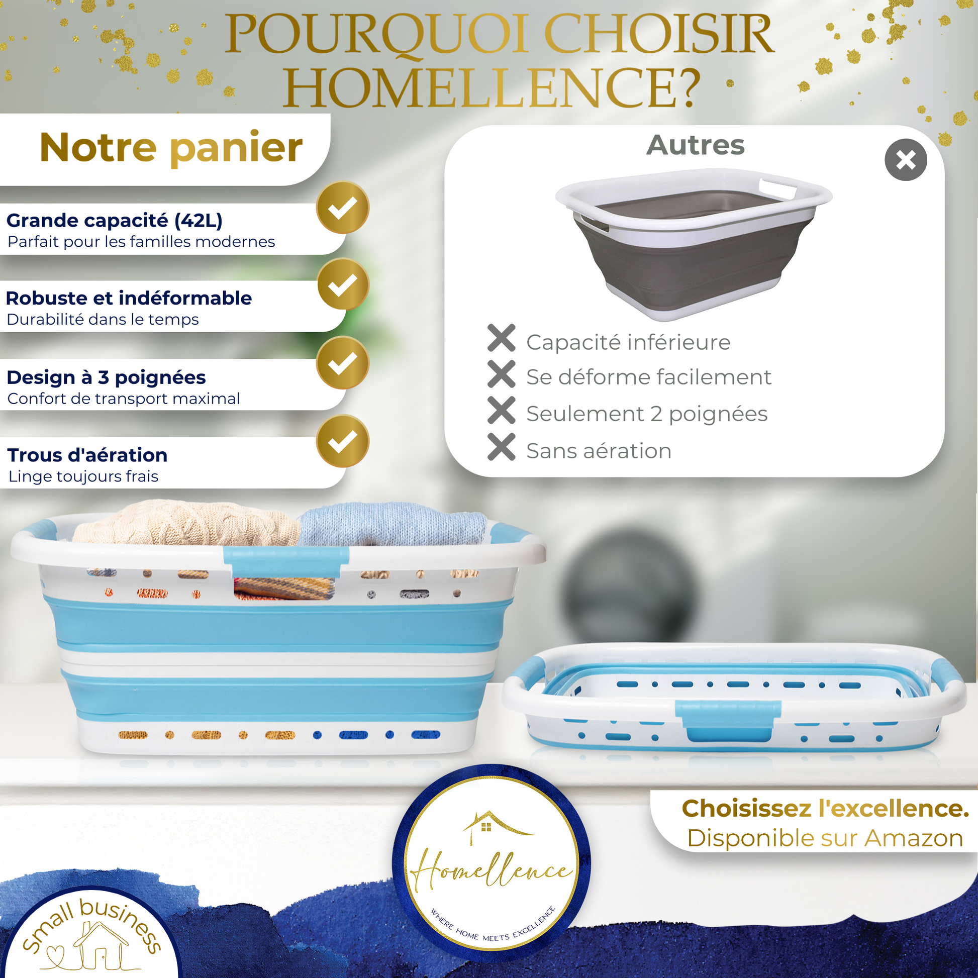 Tableau comparatif : les avantages du panier Homellence bleu comme la robustesse et la ventilation face aux modèles standards.