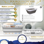 Tableau comparatif : les avantages du panier Homellence comme la robustesse et la ventilation face aux modèles standards déformables.