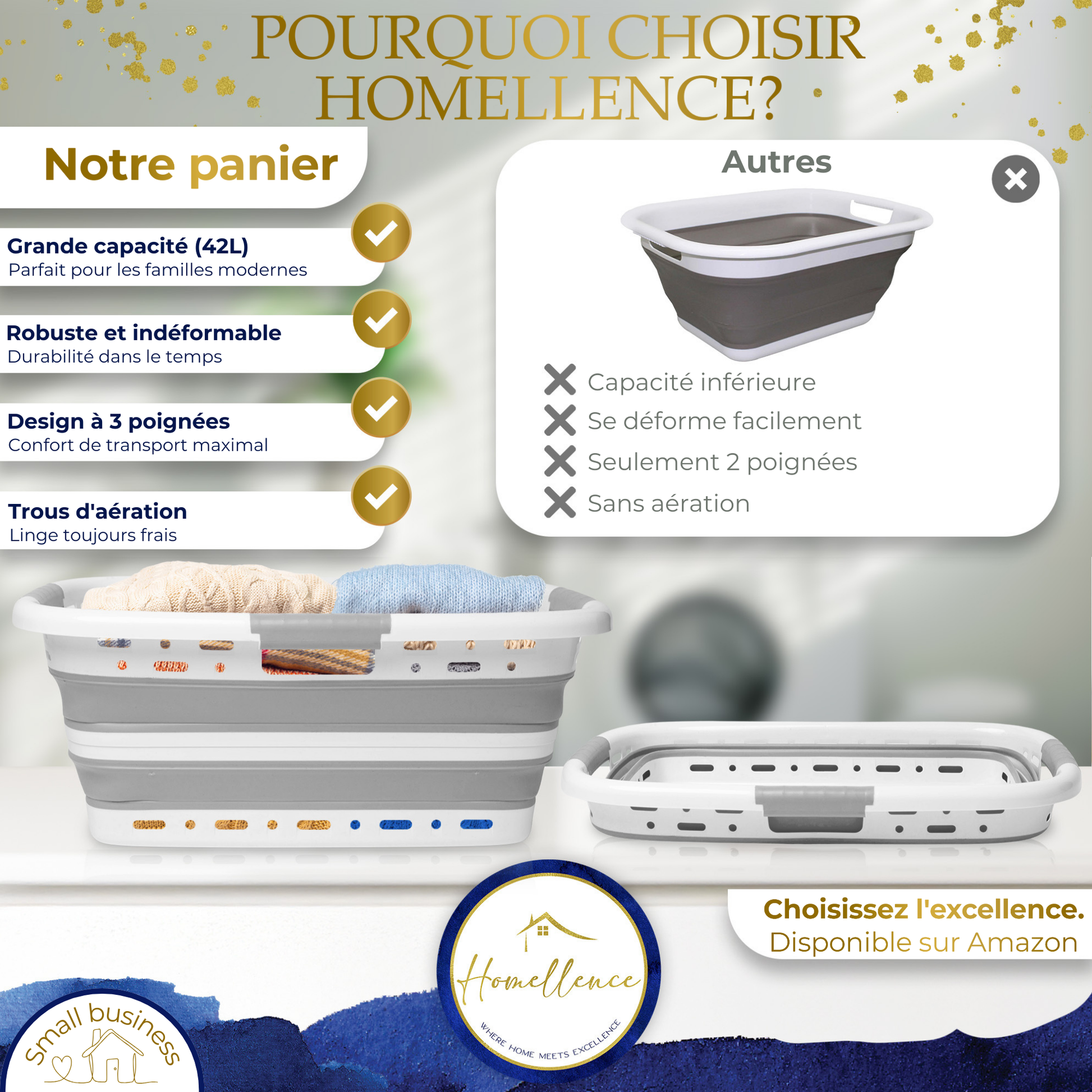 Tableau comparatif : les avantages du panier Homellence comme la robustesse et la ventilation face aux modèles standards déformables.